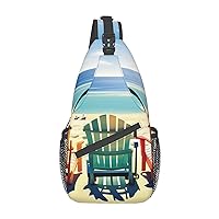 Sling Backpack,Travel Hiking Daypack Beach Scene With Chairs Print Rope Crossbody Shoulder Bag
