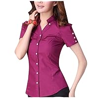 YGT Women's Short Sleeve Cotton V Neck OL Office Blouse Dress Shirt Tops