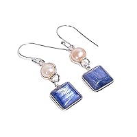 Silver Drop Earrigns Natural Pearl Blue Kyanite Gemstone 925 Sterling Silver Dangle Earrings Handmade Earrings for Women Girls