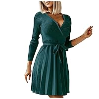 Womens Sexy Sweater Dress for Wedding Guest V Neck Tie Wrap Pleated Short Mini Dress Long Sleeve Knit Birthday Dresses