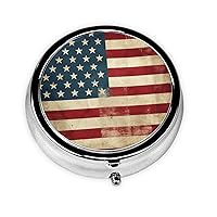 Vintage American USA Flag Print Pill Box Round Pill Case 3 Compartment Portable Pill Organizer Mini Metal Pill Container for Vitamins Medication Supplements Purse Pocket Travel