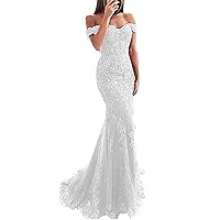 Women's Off The Shoulder Mermaid Prom Dresses Lace Beaded Evening Ball Gowns