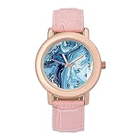 Marble Art Painting Blue Powder Womens Watch Round Printed Dial Pink Leather Band Fashion Wrist Watches