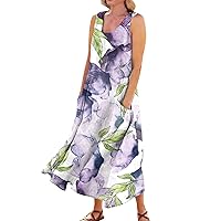 Womens Plus Size Summer Dresses Boho Casual Floral Print Linen Dress Sleeveless Pocket Beach Dress Sun Dress