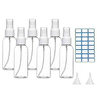 VIGOR PATH Mini Travel Spray Bottles, 2oz/50ml Clear Empty Plastic Containers with Fine Mist Sprayer, Set of 6 with Labels Included