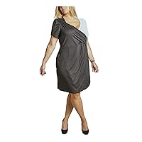 Womens Black Stretch Gathered Ruched Jersey-Knit Pull Over Color Block Short Sleeve V Neck Knee Length Evening Faux Wrap Dress Plus 2X