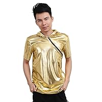 ACSUSS Mens Wet Look Patent Leather Short Sleeve Hoodie Hip Hop T-Shirt Tops