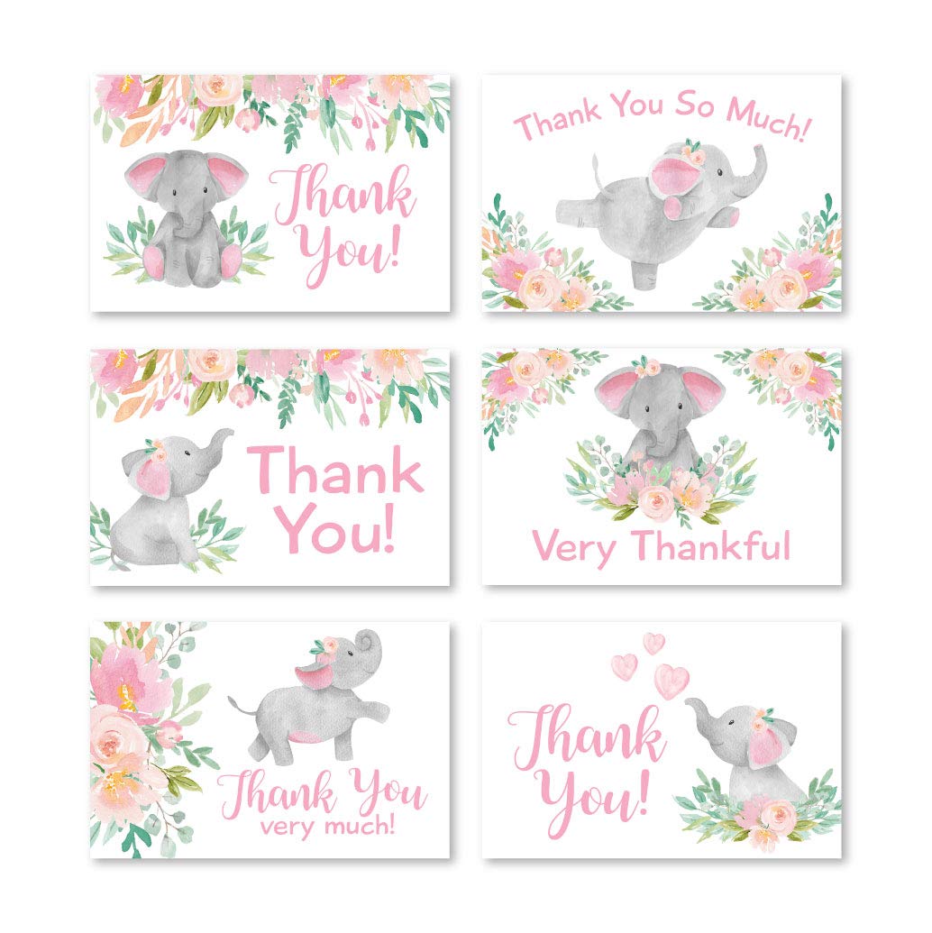 24 Pink Floral Elephant Baby Shower Thank You Cards With Envelopes, Kids Thank You Note, Vintage Animal 4x6 Varied Gratitude Card Pack For Party, Kids Girl Children Birthday, Modern Event Stationery