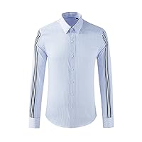 通用 Four Seasons Men's Shirt Light Blue Striped Patchwork Webbing Slim Fit Long Sleeve Men's Shirt