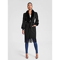 Women's Casual Jacket Fashion Beauty Fuzzy Trim Lantern Sleeve Belted Coat Unique Comfortable Charming Lovely (Color : Black, Size : Small)
