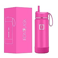 IRON °FLASK Kids Water Bottle - Straw Lid, 20 Name Stickers, Vacuum Insulated Stainless Steel, Double Walled Tumbler Travel Cup, Thermos Mug - Pink Tulip, 18 Oz
