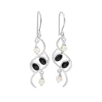 925 Sterling Silver Drop Dangle Earrings with Black Onyx, Pearl Gemstone Statement Earrings, Black, White