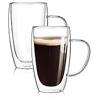 2-Pack 15 Oz Double Walled Glass Coffee Mugs with Handle,Large Insulated Layer Coffee Cups,Clear Borosilicate Mugs,Perfect for Cappuccino,Tea,Latte,Espresso,Hot Beverage,Wine,Microwave Safe