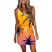 Summer Dresses for Women 2024 Hawaiian V-Neck Dress with Pocket Strapless Sun Dress Drawstring Sleeveless Beach Dress