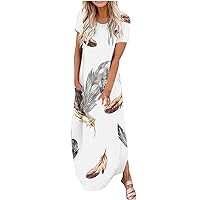 Maxi Dresses for Women 2024 Casual Loose Short Sleeve Long Dress Gradient Split Summer Beach Dress with Pockets