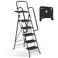 5 Step Ladder with Handrails, Folding Step Stool with Tool Platform, 330 LBS Portable Steel Ladder for Adults for Home Kitchen Library Office, Black