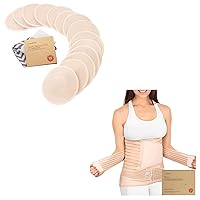 Organic Nursing Breast Pads and 3 in 1 Postpartum Belly Support Recovery Wrap - 14 Washable Pads + Wash Bag - Postpartum Belly Band - Breastfeeding Nipple Pad for Maternity