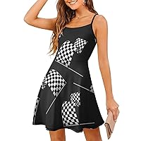 Checkered Flag Women's Sling Dress Spaghetti Strap Mini Dress Sleeveless Short Dresses Casual Swing Sundress