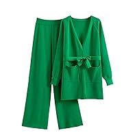 Women's 2 Piece Dressy Outfits Sweater Set Belted Cardigan Jackets and Wide Leg Pant Fall Knit Tracksuit Lounge Sets