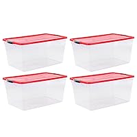 Rubbermaid Clear Plastic Holiday Storage Tote with Latching Recessed Lids and Transportation Handles for Home and Office Use, 4 Pack