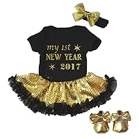 Petitebella My 1st New Year 2017 Black Bodysuit Gold Sequins Tutu Shoes Nb-18m