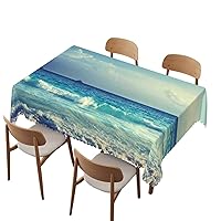 Tropical Island tablecloth, 52x70 inch, Waterproof Stain Resistant Print table cloths, for Kitchen Indoor Outdoor Events party Decor-Rectangle Table Clothes for 4 Ft Tables, Turquoise Sky Blue Umber