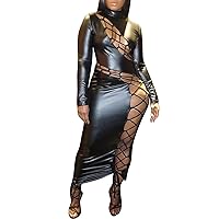 Tcremisa Women's Sexy Cut Out Faux Leather Dress Long Sleeve Bandage Bodycon Leather Maxi Long Dresses