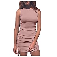 Ribbed Tank Dress for Women Summer Slim Sleeveless Ruched Bodycon Mini Dress Casual Crewneck Short Dress with Side Drawstring