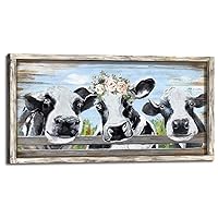 Farmhouse Framed Wall Art Decor: Cute Cow Farm Wood Print Rustic Country Animal Painting Horizontal Cattle Calf Picture for Living Room Bedroom