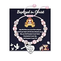 HGDEER Baptism/Communion/Confirmation/Religious Gifts for Girls | Pink Pearl and Rhinestone Balls Bracelet | Adjustable Length