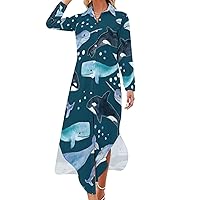 Whales Orcas Narwhals On Navy Women's Shirt Dress Long Sleeve Button Down Long Maxi Dress Casual Blouse Dresses
