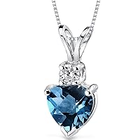 PEORA Solid 14K White Gold London Blue Topaz and Diamond Pendant for Women, Genuine Gemstone Birthstone, Heart Shape Solitaire, 6mm, 1 Carat total