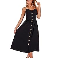 YMING Women's Spaghetti Strap Printed Dresses Summer Button Flowy Down Sundress Beach High Waist Midi Dress with Pockets