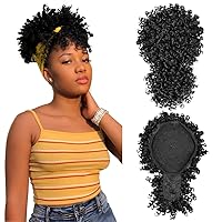 Afro Puff Drawstring Ponytail with Bangs, Black Kinky Curly Ponytail Bun with Bangs Updo Hairpieces, Short Afro Puffs with Bang for Black Women (Natural Black 1B)