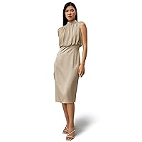 LilySilk Midi Silk Dress for Women Mockneck Pleated Silk Georgette Front Sleeveless Cocktail Party