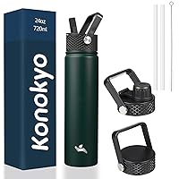 Insulated Water Bottle with Straw,24oz 3 Lids Metal Bottles Stainless Steel Water Flask,Army Green
