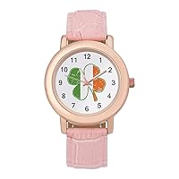 Irish Shamrock Womens Watch Round Printed Dial Pink Leather Band Fashion Wrist Watches