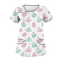 Short Sleeve Tshirt Womens Tops Easter Bunny Egg Shirt 2024 Slant Collar Spring Trendy Double Pocket Dressy Blouse