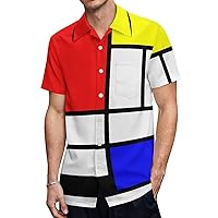 Mondrian Style Men's Short Sleeve Shirt Casual Loose Button Down Shirts for Work Beach Vacation