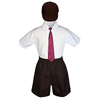 Baby Toddler Boy Wedding Party Suit Brown Shorts Shirt Hat Necktie Set Sm-4T