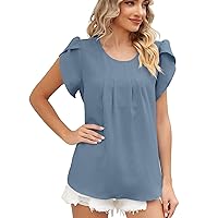 Gray Sexy Tops for Women Solid Pleated Round Neck Petal Short Sleeve Loose Chiffon Women's Top Loose Casual T