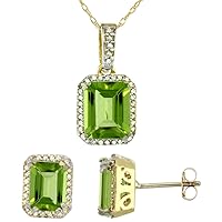 10K Yellow Gold Diamond Natural Octagon Peridot Earrings & Pendant Set