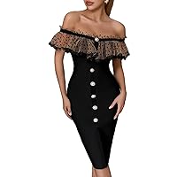 Exclusive Chic Women Evening Gown Dress Black Off Shoulder Polka Dots Mesh Ruffle Beading Bodycon Dress