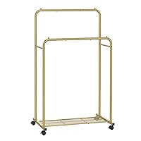 SONGMICS Clothes Rack with Wheels, Double Rods Clothing Rack for Hanging Clothes, 35.8 Inch Garment Rack, with Dense Mesh Storage Shelf, 2 Brakes, Each Top Rail Holds up to 77 lb, Gold UHSR026A01