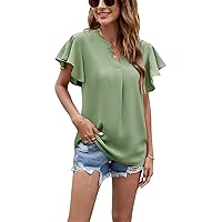 Women Chiffon V Neck Blouse Short Sleeve Summer Casual Loose Shirt Tops