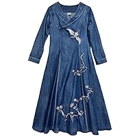 A-line Women Long Mid- Sleeve Denim Spring Dresses Chinese Style Embroidery Cheongsam