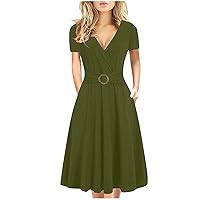 Summer Cocktail Dresses for Women Short Sleeve Wrap V Neck Belted Waist Mini Dress Loose Casual Pleated Flowy Short Dress