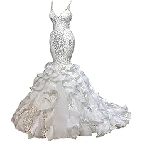White Lace Organza Mermaid Women's Spaghetti Straps Wedding Dress Long Train Sleeveless Bridal Gown