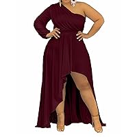 Ekaliy Women's Plus Size One Shoulder Dress Sexy High Low Hem Flowy Long Party Cocktail Maxi Dress