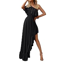 ZESICA Women's 2024 Summer Boho One Shoulder Sleeveless Ruffle Asymmetrical High Low Flowy Prom Gown Wedding Long Dress,Black,Small